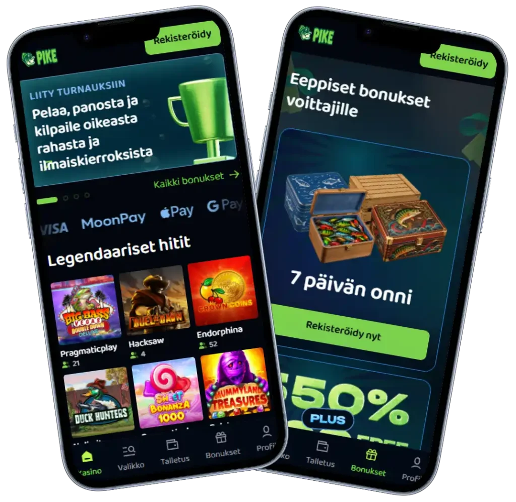 Pike Kasino mobiilissa: kasinon etusivu ja pelivalikoima puhelimen näytöllä